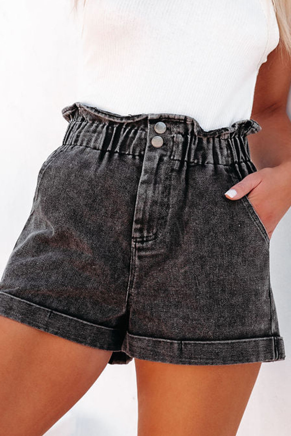 Vintage Washed Frilled High Waist Denim Shorts by Poppy Lee Lane - The Cheeky Wink