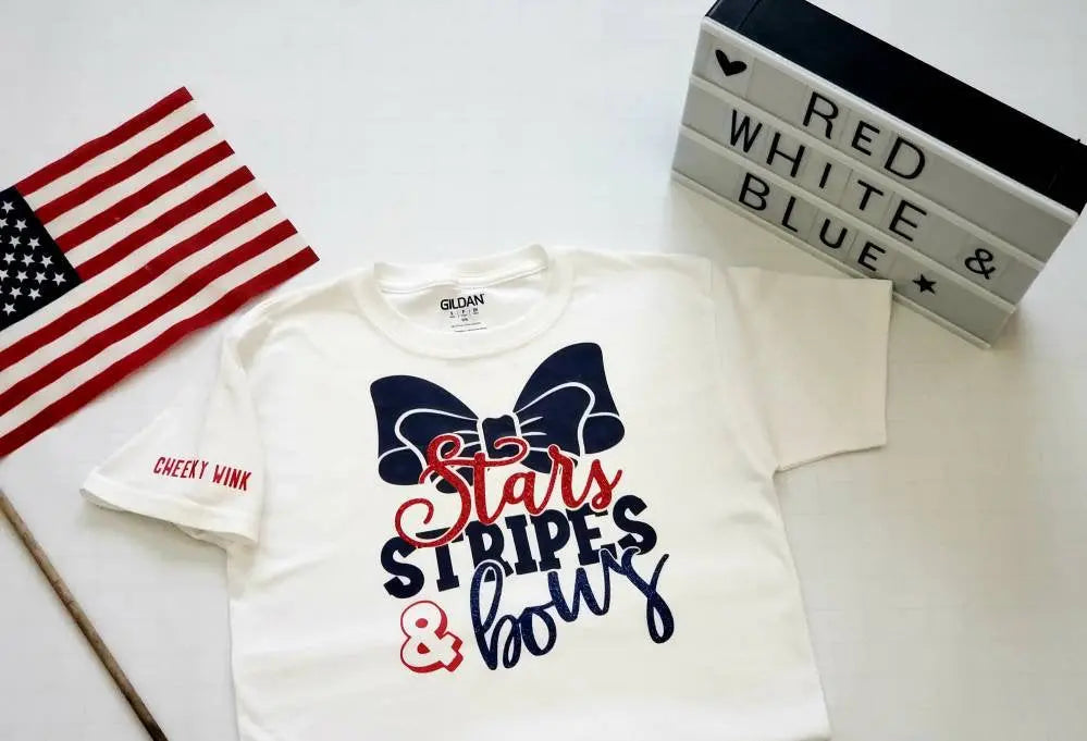 Stars Stripes and Bows Tee. 4th of July Patriotic Holiday T-shirt. Ladies and Youth Sizes. - The Cheeky Wink