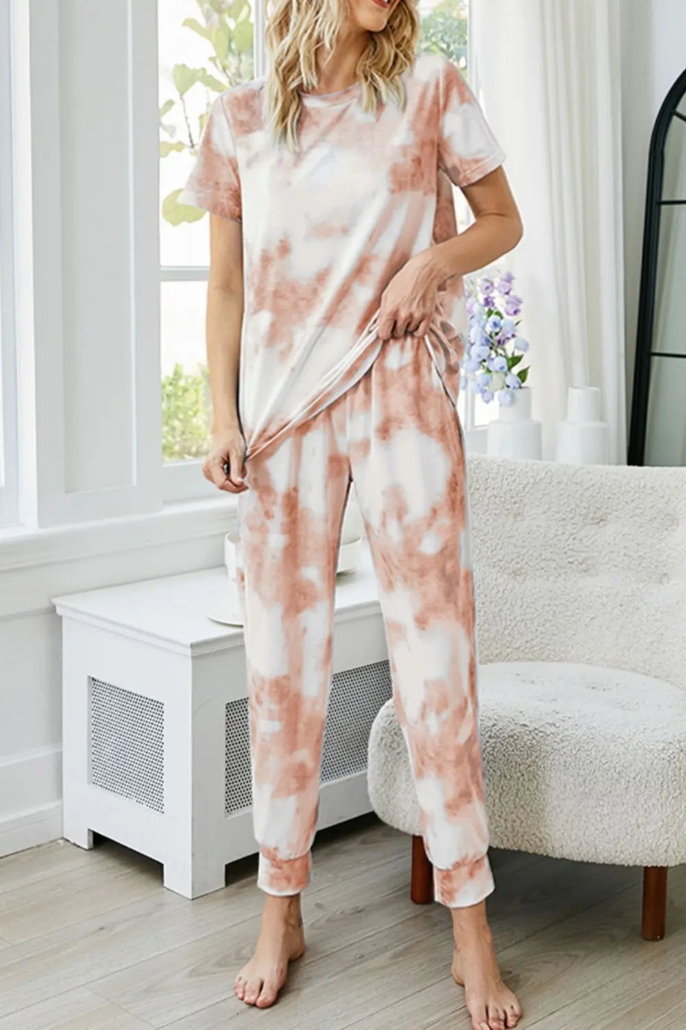Tie-Dye Round Neck Short Sleeve Top and Pants Lounge Set Trendsi