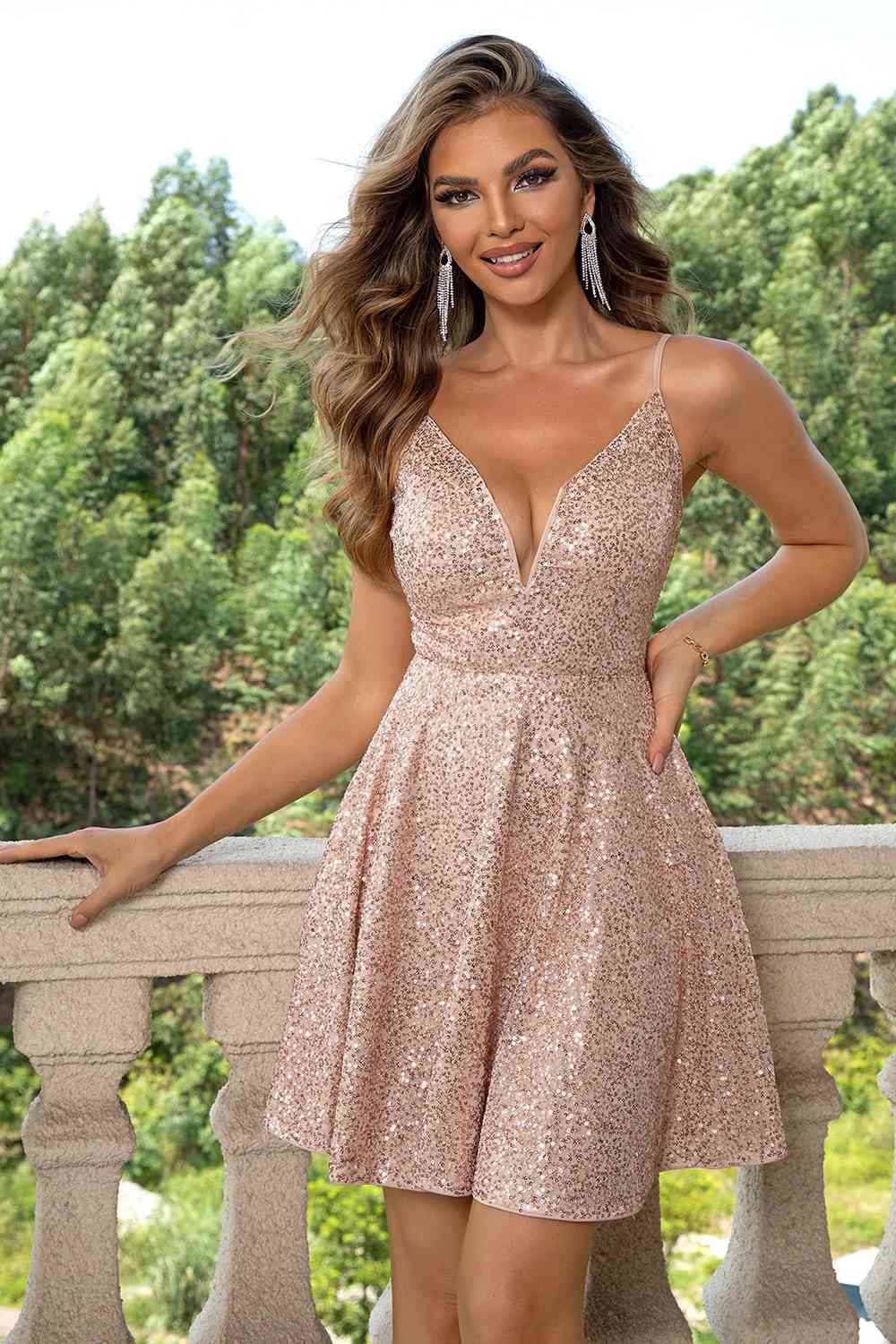 Sequin Spaghetti Strap Dress Camel / XS By Trendsi Sequin Spaghetti Strap Dress Camel / XS By Trendsi