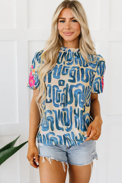 Lara Puff Sleeve Frilled Neck Printed Top by Threaded Pear