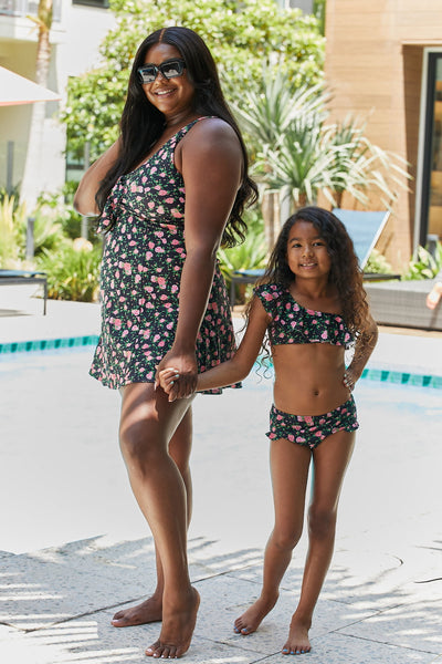 2 Piece Swimsuit With Shorts |Swim Set in Black Roses| The Cheeky Wink