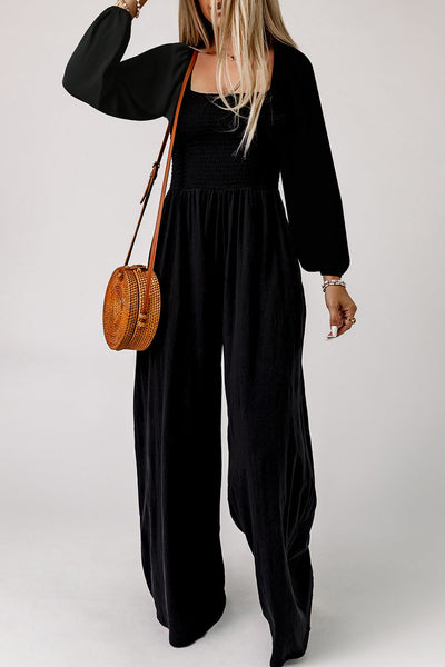 Ryleigh Smocked Square Neck Long Sleeve Wide Leg Jumpsuit by Threaded Pear