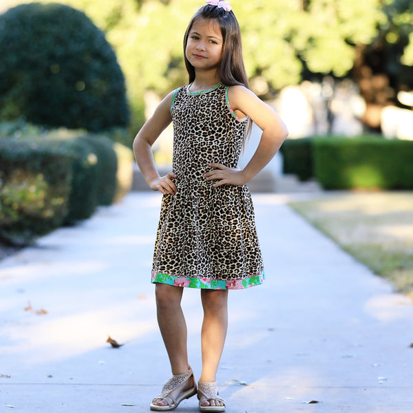 AnnLoren Little & Big Girls Spring Leopard Rose Floral Sleeveless Boutique Dress by AnnLoren