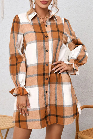 Elise Plaid Pattern Collared Neck Ruffled Sleeve Shirt Dress by Threaded Pear - The Cheeky Wink