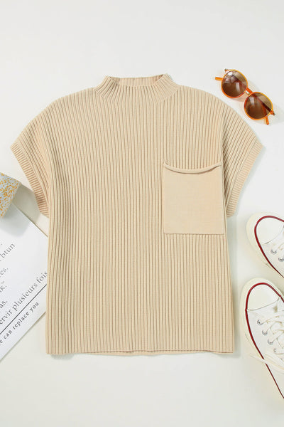 Lindsey Patch Pocket Ribbed Knit Short Sleeve Sweater by Threaded Pear