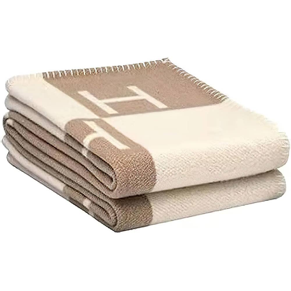 Monogram Pattern Reversible Throw Blanket in Tan