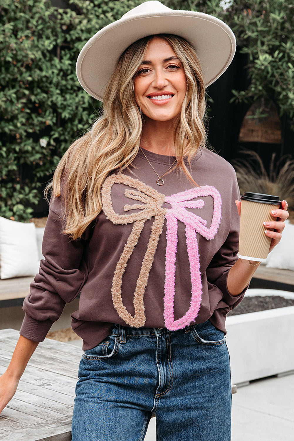 Callie Terry Bow Pattern Drop Shoulder Sweatshirt by Threaded Pear - The Cheeky Wink