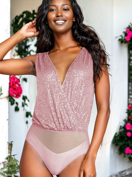 Cowl Back V-Neck Sleeveless Sequin Bodysuit by Anna-Kaci