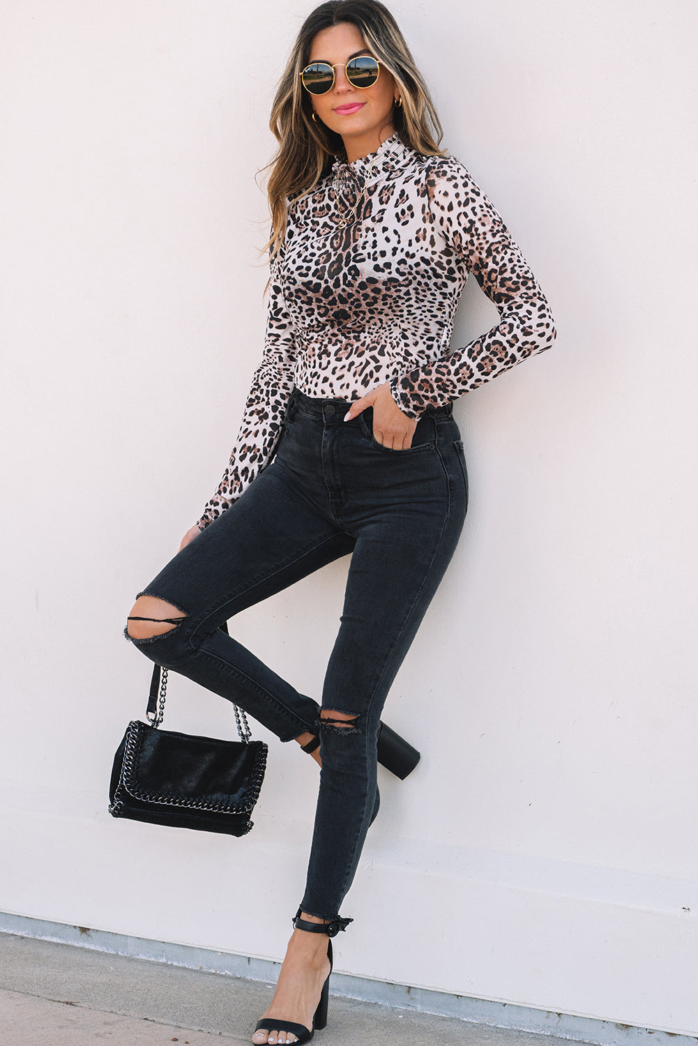 Leopard Smocked Neck Mesh Long Sleeve Bodysuit by Threaded Pear - The Cheeky Wink
