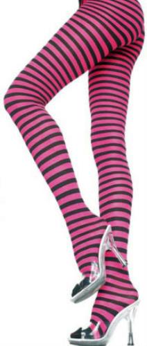 Pink and black horizontally striped tights worn on legs, paired with clear high-heeled shoes, shown against a plain white background.