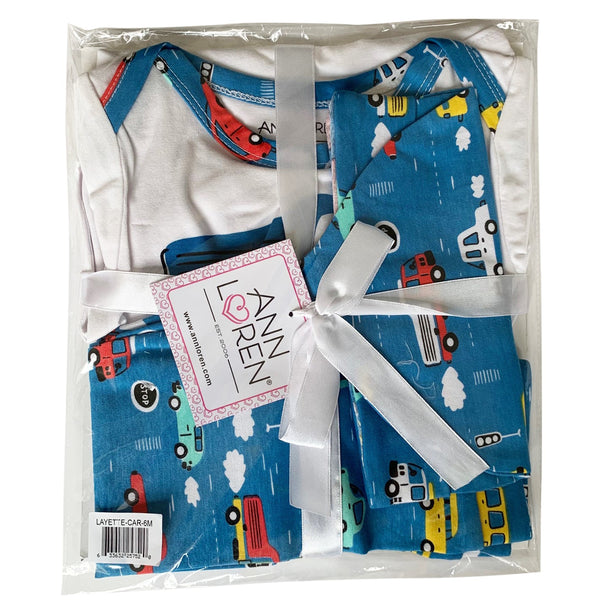 AnnLoren Baby Boys Layette Cars Trucks Onesie Pants Cap 3pc Gift Set Clothing by AnnLoren