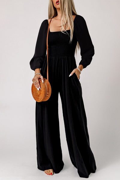 Ryleigh Smocked Square Neck Long Sleeve Wide Leg Jumpsuit by Threaded Pear