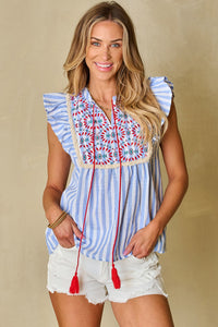 Ariya Stripe Geo Pattern Embroidered Tassel Flutter Blouse by Threaded Pear