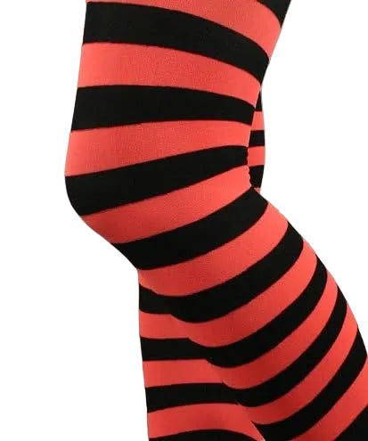 A close-up of a leg wearing tights with bold horizontal black and coral-red stripes against a plain white background.