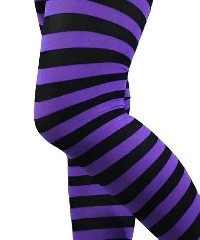 Purple and black horizontally striped tights shown on a cropped leg against a plain white background.