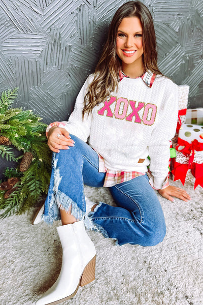 Logan XOXO Glitter Chenille Cable Knit Pullover Sweatshirt by Threaded Pear