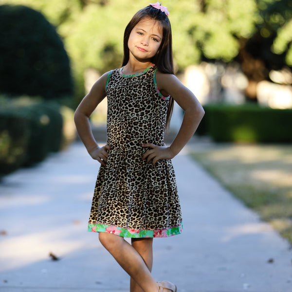 AnnLoren Little & Big Girls Spring Leopard Rose Floral Sleeveless Boutique Dress by AnnLoren