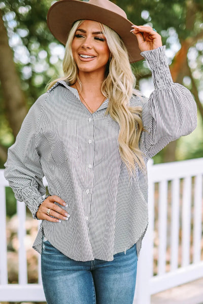 Skye Smocked Cuffed Striped Boyfriend Shirt with Pocket by Threaded Pear - The Cheeky Wink