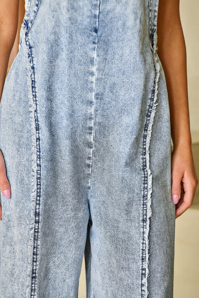 Savanna Frayed Exposed Seam Wide Leg Denim Overall by Threaded Pear