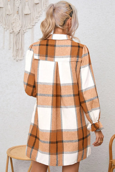 Elise Plaid Pattern Collared Neck Ruffled Sleeve Shirt Dress by Threaded Pear - The Cheeky Wink