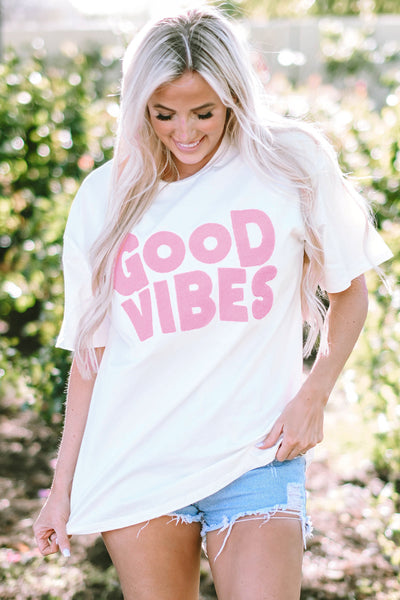 GOOD VIBES Chenille Embroidered Crewneck Tee by Threaded Pear