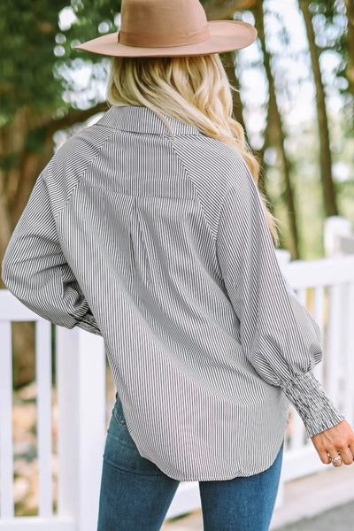 Skye Smocked Cuffed Striped Boyfriend Shirt with Pocket by Threaded Pear - The Cheeky Wink