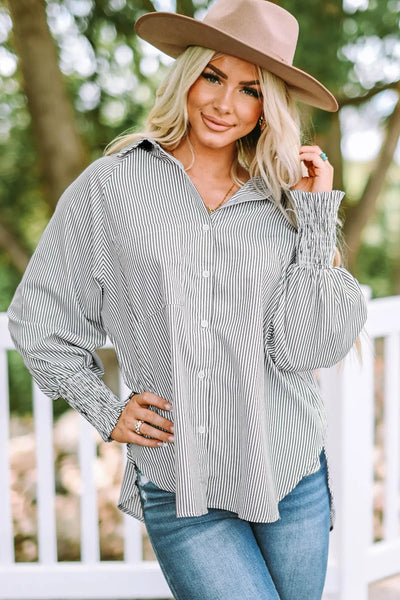 Skye Smocked Cuffed Striped Boyfriend Shirt with Pocket by Threaded Pear - The Cheeky Wink