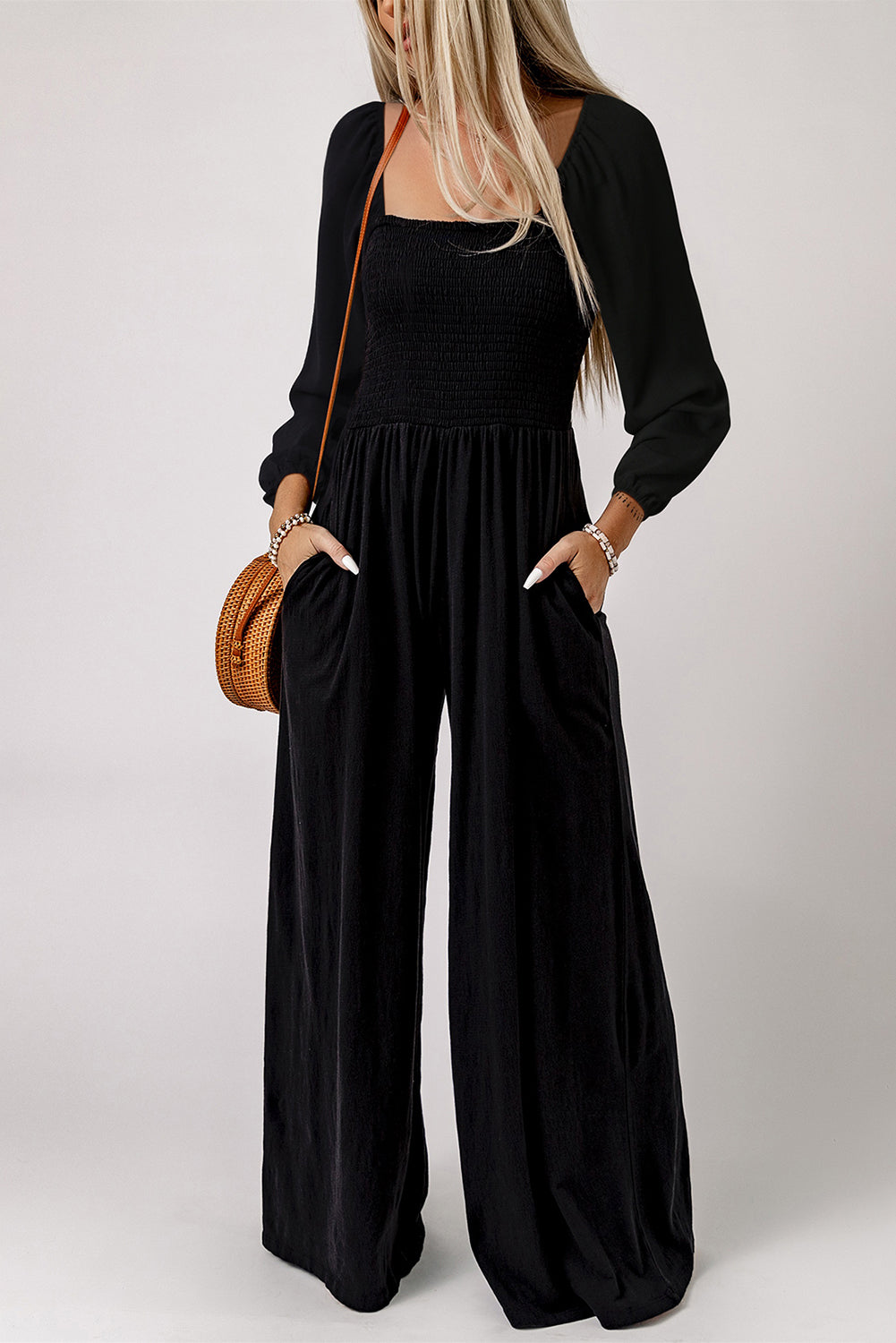 Ryleigh Smocked Square Neck Long Sleeve Wide Leg Jumpsuit by Threaded Pear