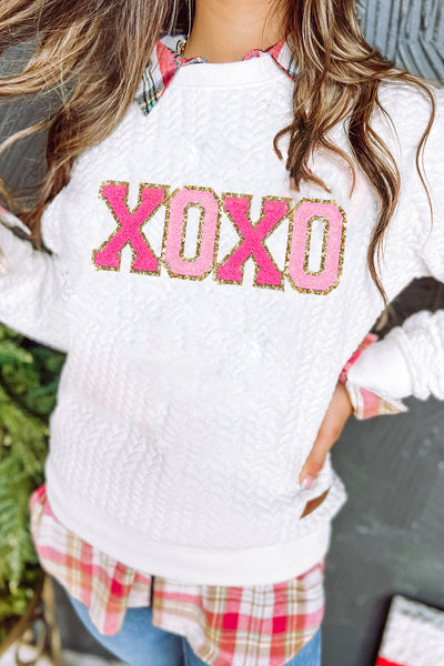 Logan XOXO Glitter Chenille Cable Knit Pullover Sweatshirt by Threaded Pear