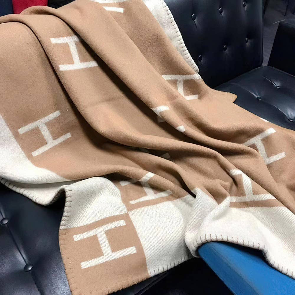 Monogram Pattern Reversible Throw Blanket in Tan