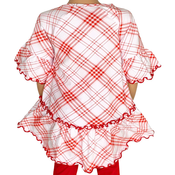 AnnLoren Little & Big Girls 3/4 Angel Sleeve Red Plaid Cotton Knit Ruffle Shirt by AnnLoren