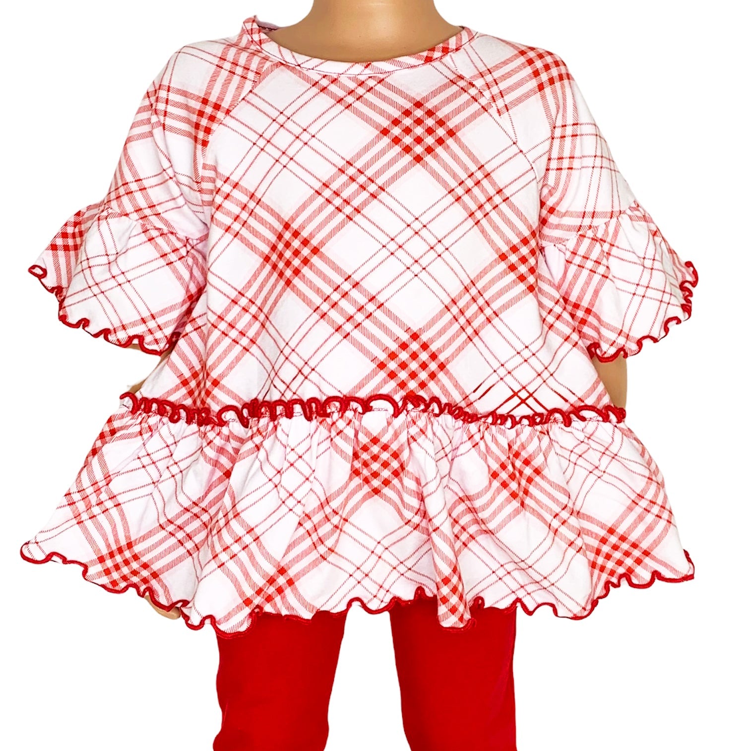 AnnLoren Little & Big Girls 3/4 Angel Sleeve Red Plaid Cotton Knit Ruffle Shirt by AnnLoren