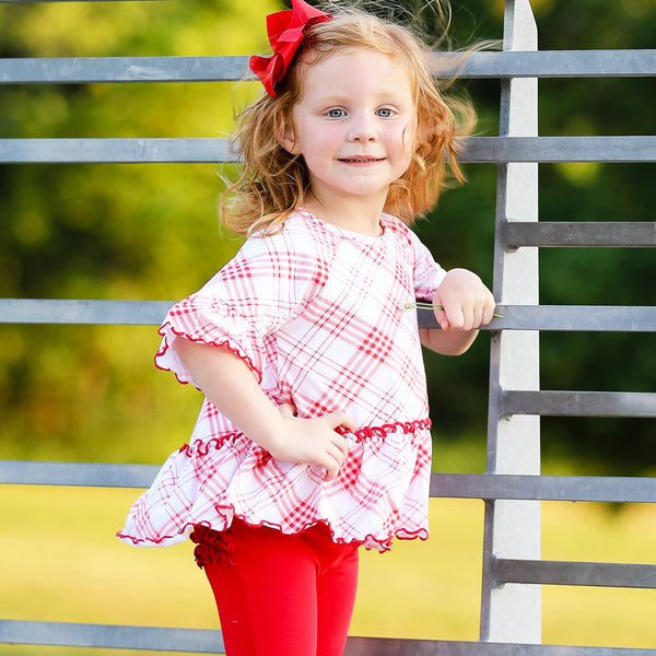 AnnLoren Little & Big Girls 3/4 Angel Sleeve Red Plaid Cotton Knit Ruffle Shirt by AnnLoren