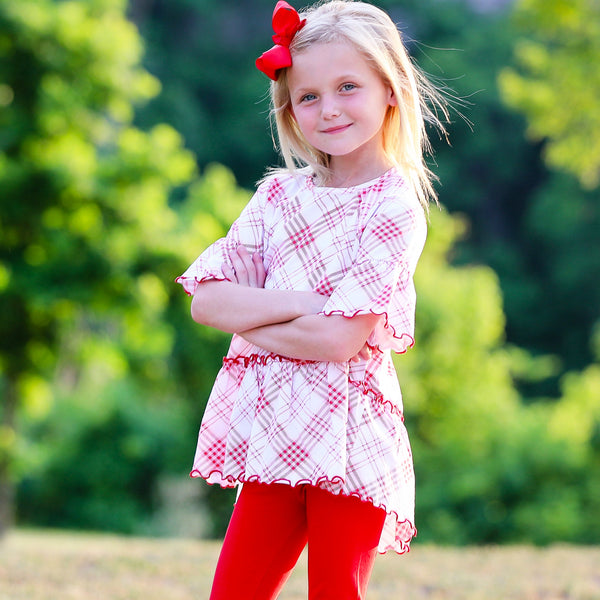 AnnLoren Little & Big Girls 3/4 Angel Sleeve Red Plaid Cotton Knit Ruffle Shirt by AnnLoren