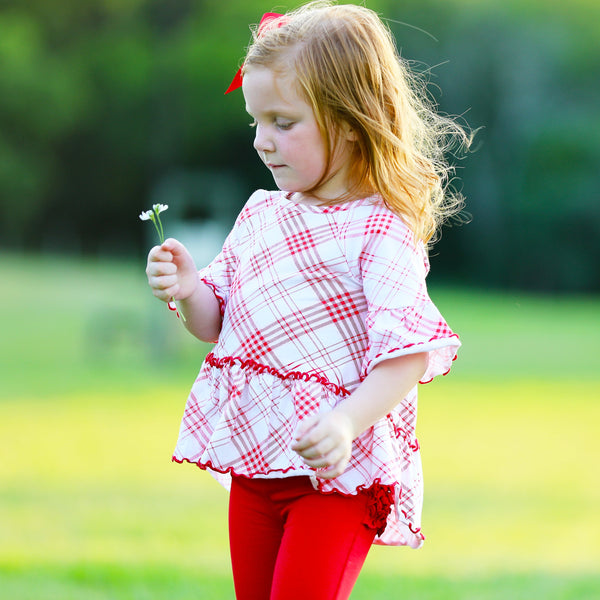 AnnLoren Little & Big Girls 3/4 Angel Sleeve Red Plaid Cotton Knit Ruffle Shirt by AnnLoren