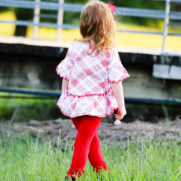 AnnLoren Little & Big Girls 3/4 Angel Sleeve Red Plaid Cotton Knit Ruffle Shirt by AnnLoren