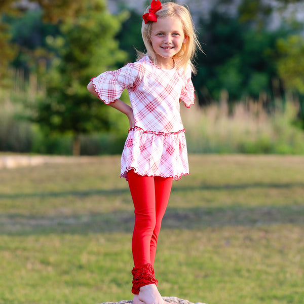 AnnLoren Little & Big Girls 3/4 Angel Sleeve Red Plaid Cotton Knit Ruffle Shirt by AnnLoren