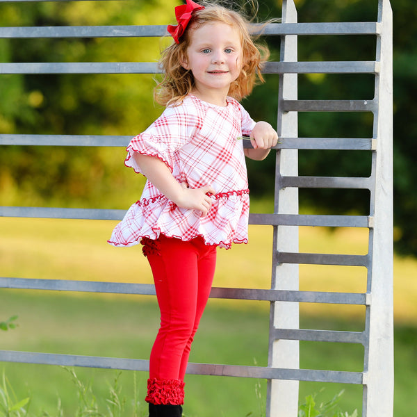 AnnLoren Little & Big Girls 3/4 Angel Sleeve Red Plaid Cotton Knit Ruffle Shirt by AnnLoren