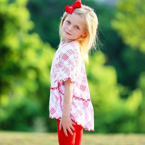 AnnLoren Little & Big Girls 3/4 Angel Sleeve Red Plaid Cotton Knit Ruffle Shirt by AnnLoren