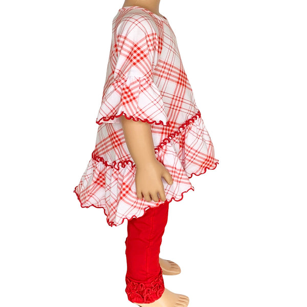 AnnLoren Little & Big Girls 3/4 Angel Sleeve Red Plaid Cotton Knit Ruffle Shirt by AnnLoren