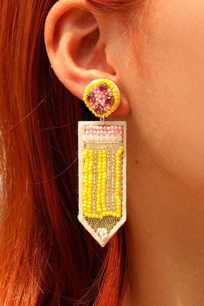 Yellow Teacher Pencil Earrings by Threaded Pear