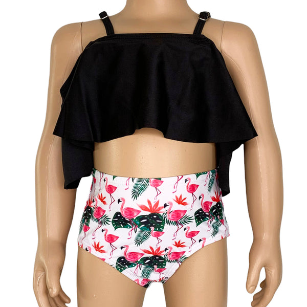 AL Limited Girls 2 piece Black Ruffle Top Pink Flamingos Bikini bathing suit by AnnLoren