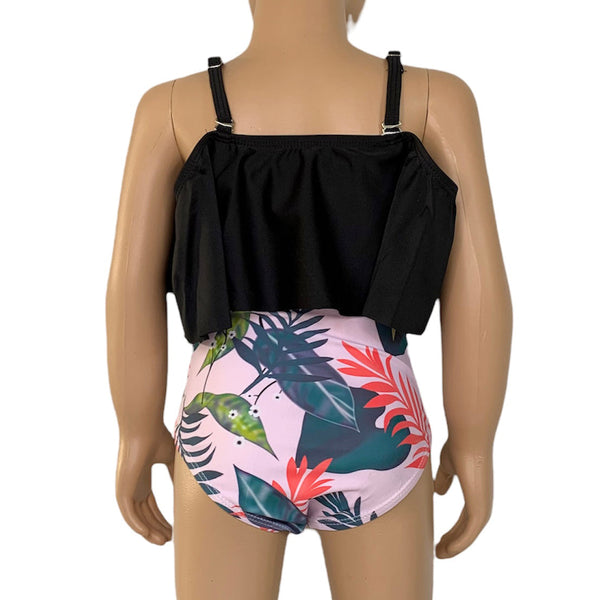 Girls 2 piece Black Ruffle Pink Tropical Bikini bathing suit by AnnLoren