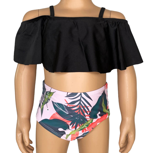 Girls 2 piece Black Ruffle Pink Tropical Bikini bathing suit by AnnLoren