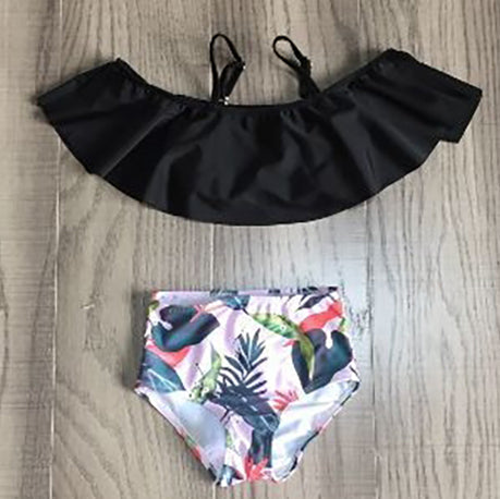 Girls 2 piece Black Ruffle Pink Tropical Bikini bathing suit by AnnLoren