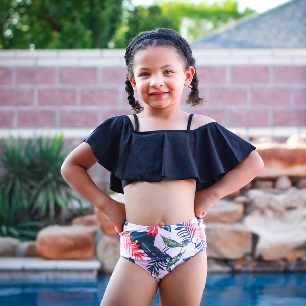 Girls 2 piece Black Ruffle Pink Tropical Bikini bathing suit by AnnLoren