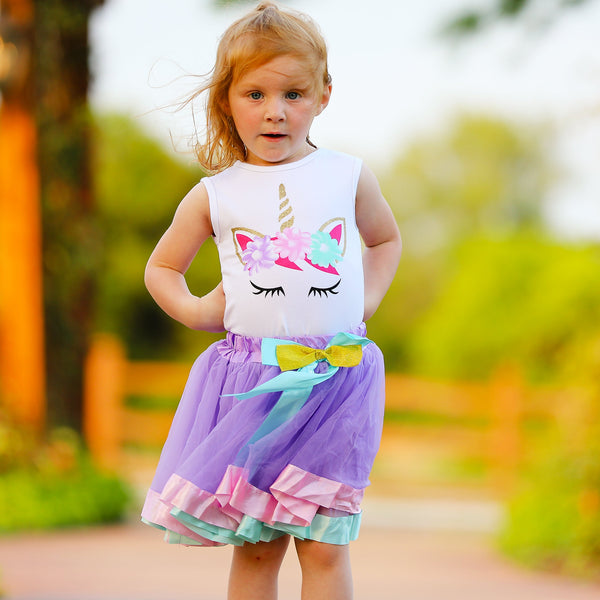 Girls Unicorn Tank Top and  Purple Tulle Skirt Spring Outfit Set by AnnLoren