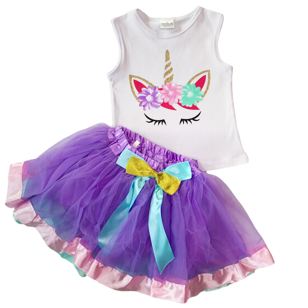 Girls Unicorn Tank Top and  Purple Tulle Skirt Spring Outfit Set by AnnLoren