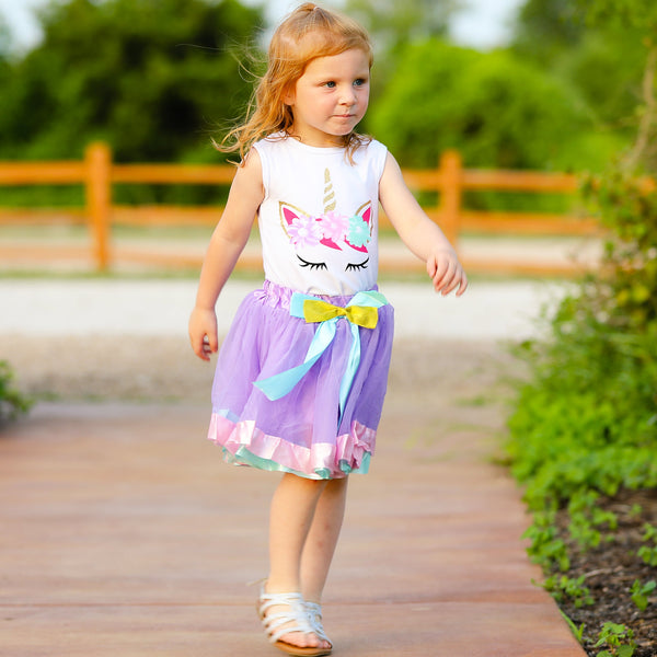 Girls Unicorn Tank Top and  Purple Tulle Skirt Spring Outfit Set by AnnLoren